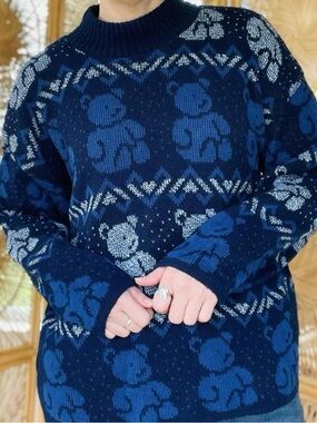 Separate Issue 90s Vintage Mockneck Blue Navy Grey Knit Teddy Bear Sweater L